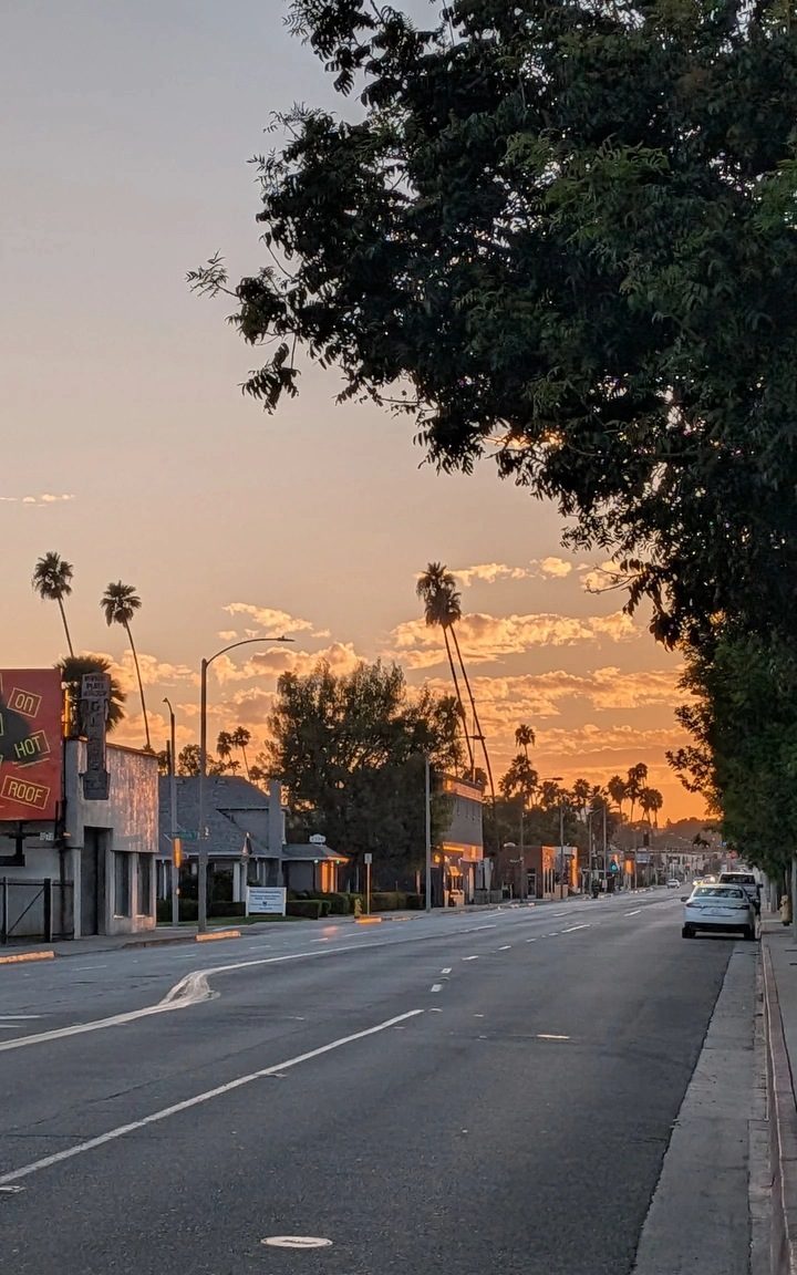 A Pasadena street at sunset